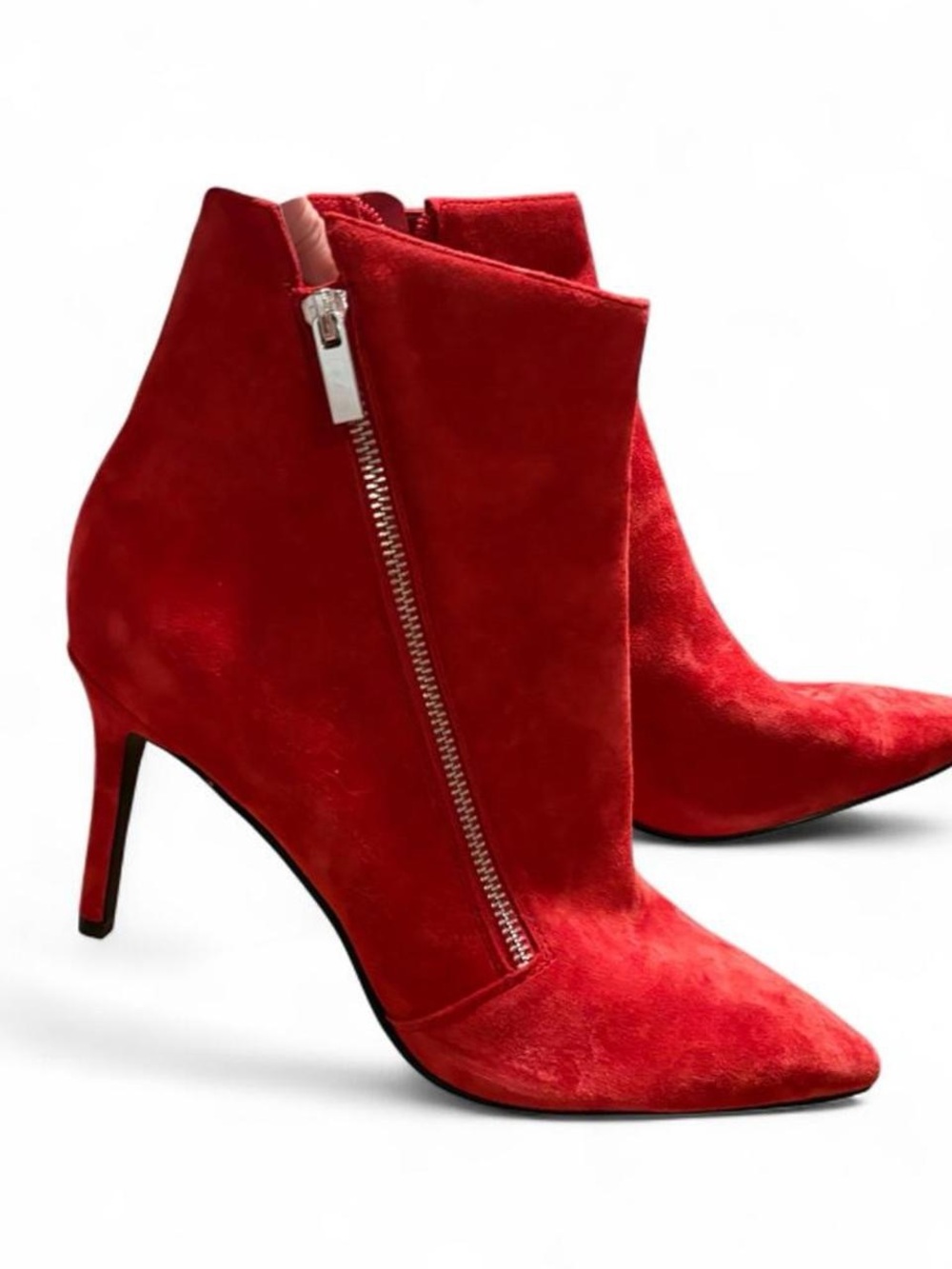 NWOB genuine suede red heeled booties with zipper detail 9.5